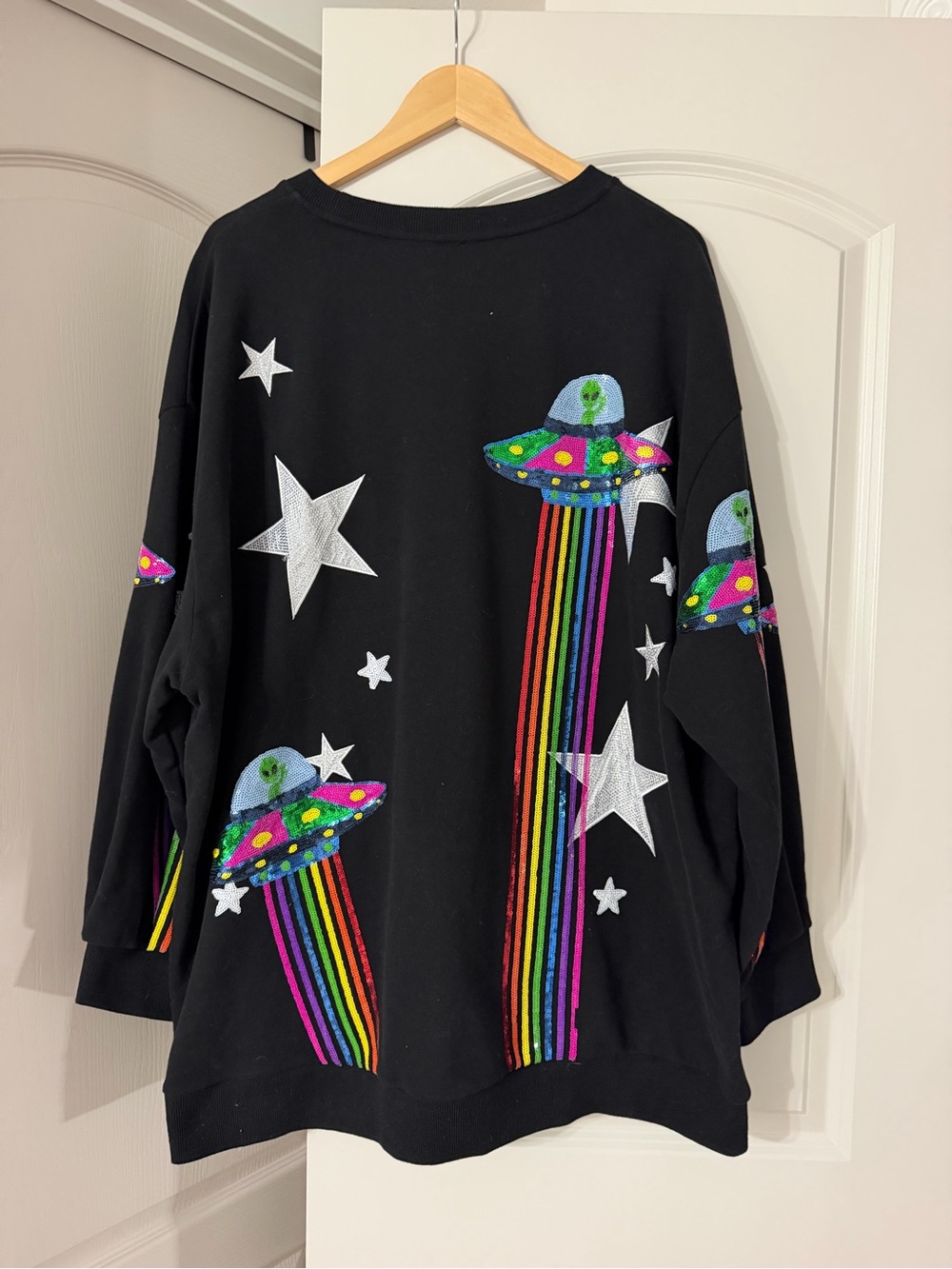 HTF Queen of Sparkles Black UFO Rainbow Graphic Sweatshirt